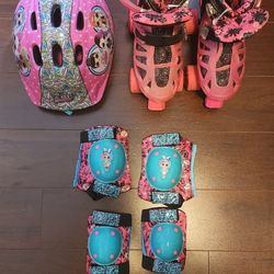 Roller Skate Girls Size 3-6 With Helmet, Elbow, Hands And Knee Pads