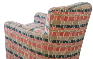 Matching Upholstered Swivel Barrel Chairs with Multicolor Geometric Fabric