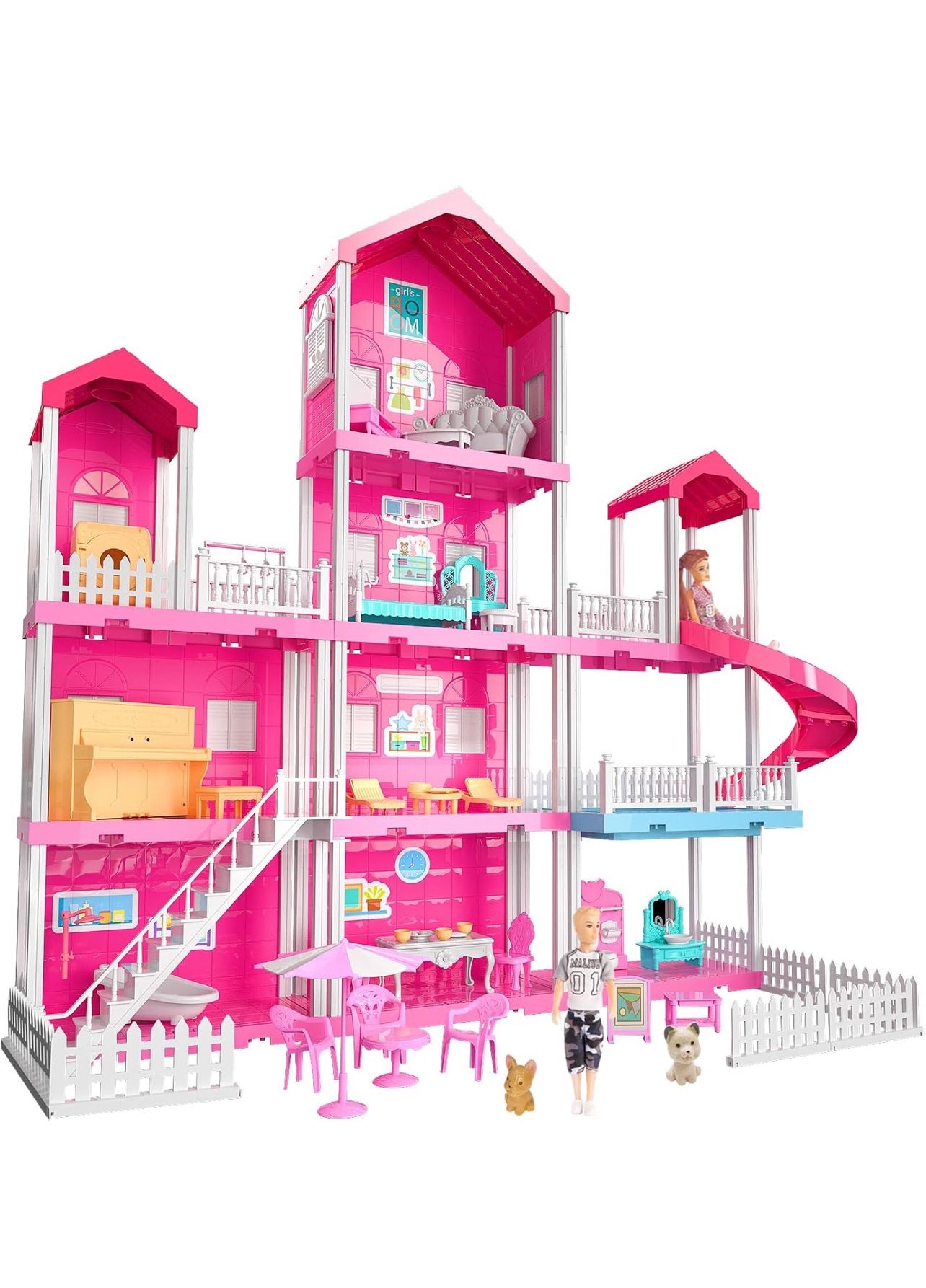 Toy for 3 4 5 6 Year Old Girls - 4 Storeys 10 Rooms Villa Playset with 2 Doll Toy Figures, Accessories and Furniture, Toddler Home Pretend Kits Gifts