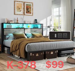 （K-378）King Size Bed Frame with 2-Tier Storage Headboard, Rustic Grey（instruction manual is missing）