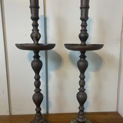 Brass Altar Candle Holder (Pair) Large 36” Original Patina