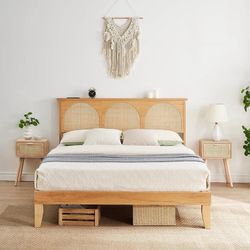 Rugerasy Boho Rattan Bed Frame,Full Size Wooden Bed Platform with Storage,Smart RGB LED Natural Rattan Headboard,Under Bed Storage,Easy Assembly Solid