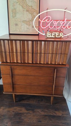 Mid-Century Modern Walnut Bedroom set:Highboy Dresser, lowboy with mirror and bed-"Tiki" design