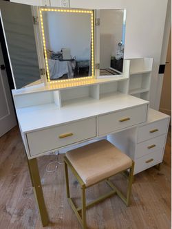 Modern LED Makeup Vanity with Lighted Mirror, Storage & Matching Stool