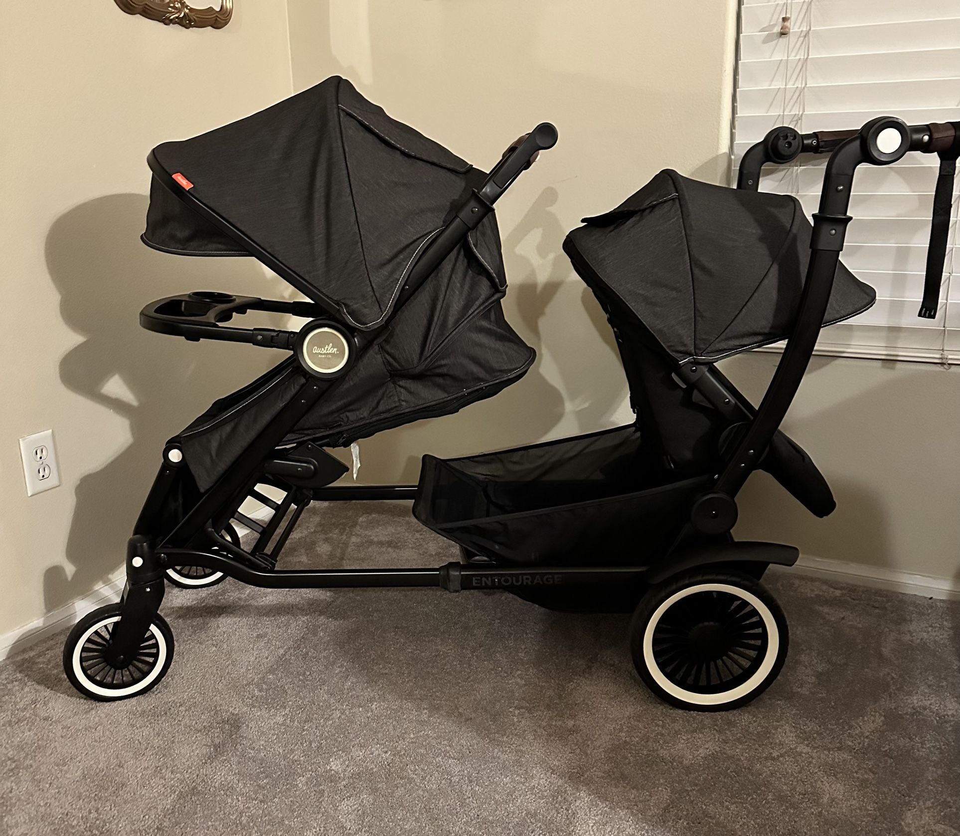 AUSTLEN ENTOURAGE DOUBLE STROLLER SET INCLUDING NUNA CAR SEAT MORE