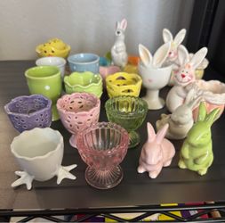 Assorted Ceramic and Glass Easter Bunnies and Egg Cups