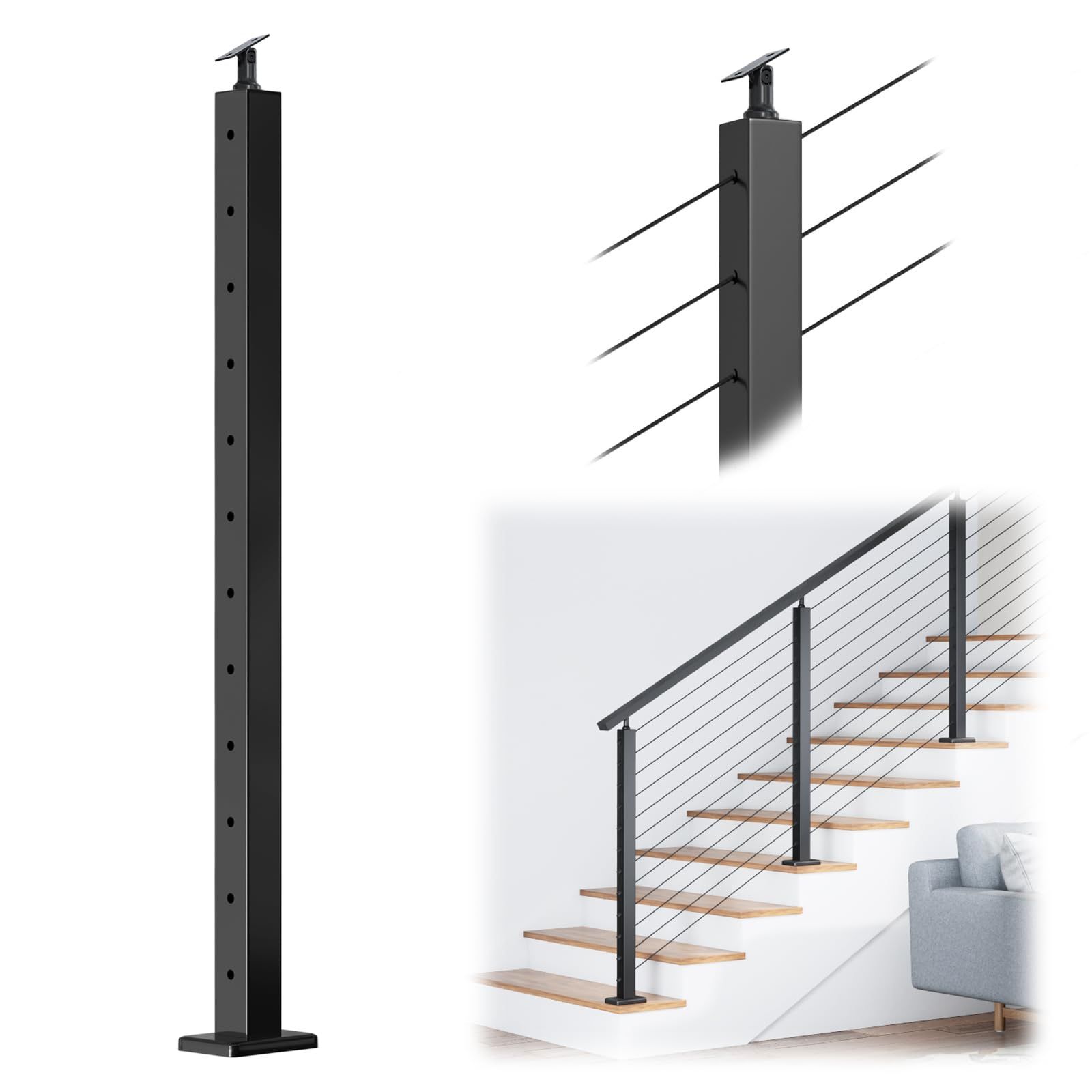 Muzata Black Stair Cable Railing Post 42 Inch for 25-35 Degrees Stair 42"x2"x2" Surface Mount T304 Stainless Steel Cable Railing System Kit Indoor Out