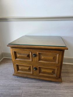 Vintage Drexel 2 Drawer Nightstand w/ Glass Top – Solid Wood