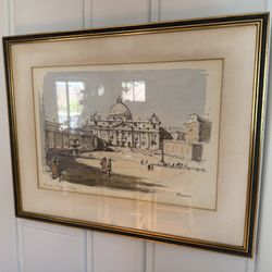 Roma Piazza S. Pietro (St. Peter's Square Bascilica, Rome) Ink Sketch and Watercolor Wash, Framed