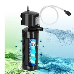 TARARIUM H6F Aquarium Filter UV for 20-75 Gallon, 200GPH Fish Tank Filter w/ 5W UV Light Green Clean Machine Submersible Powerful Pump Internal Filter