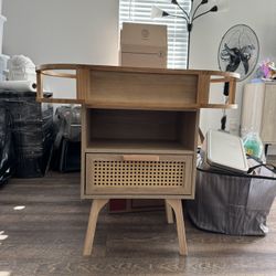 Nightstand (Rattan) and Wall Organizing Shelf (Natural Wood)