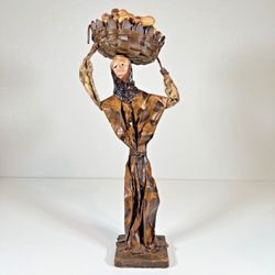 Vintage Mexican Folk Art Paper Mache Woman Figurine Carrying Basket of Peanuts