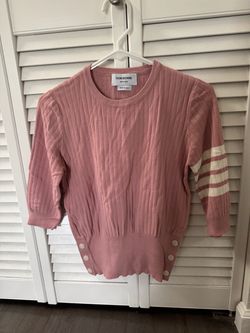 Thom Browne Women’s Pink Rib Knit Striped Sleeve Button Hem Sweater  Size 40 Worn once only