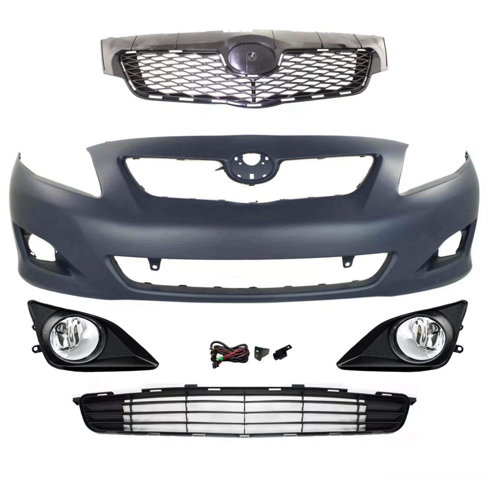 W#964 Fit For 2009-2010 Toyota Corolla Bumper Cover Upper/ Lower Grille+Fog Lights