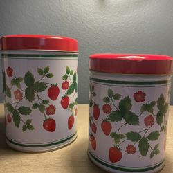 Vintage 2 Piece Canister Set with Lids. Flower and Strawberry Design