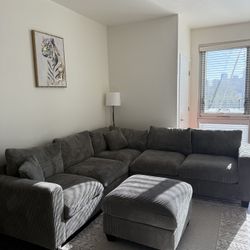 Green Corduroy Sectional Couch with Ottoman Excellent Condition!