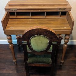 Antique Wood Desk And  Green Velvet Chair 