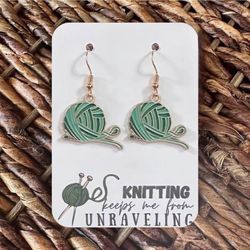 New Handmade Gold-Tone and Green "Knitting Keeps Me From Unraveling" Yarn Dangle Earrings (1.5" long x 1" wide)