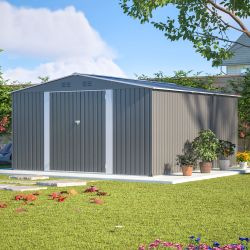 12×14 ft Outdoor Metal Storage Shed, Large Garden Tool Shed with Lockable Double Doors, Waterproof Yard Building, Patio, Light Gray 