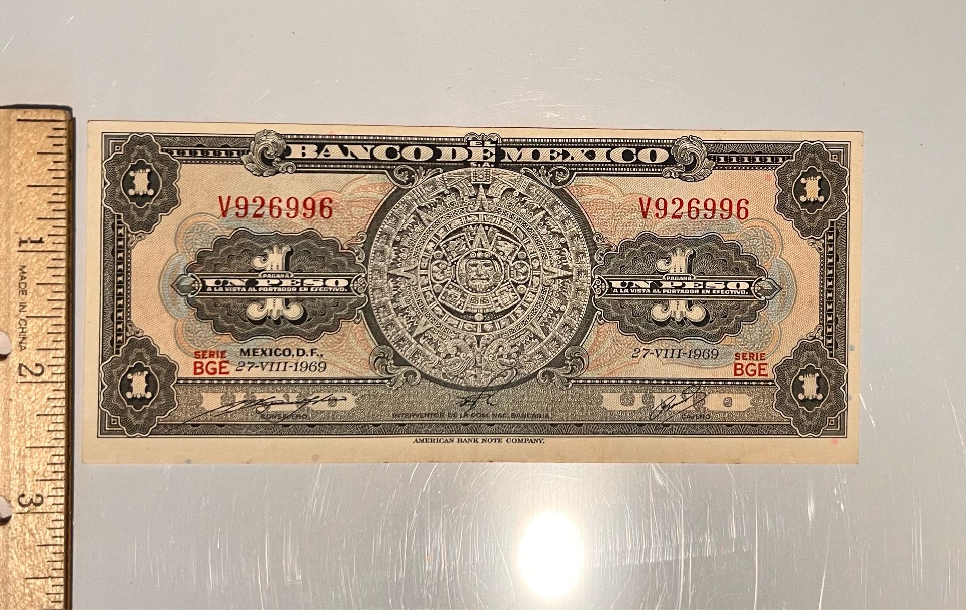 1969 Mexican banknote 1 Peso Aztec Calendar / Collectible!
