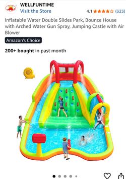 Inflatable Water Double Slides Park, Bounce House with Arched Water Gun Spray, Jumping Castle with Air Blower