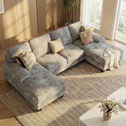 New U Shaped Chenille Sectional Sofa Oversized Modular Couch Double Recliner