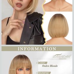 Blonde Ombre Bob 12” Wig w/Bangs Dark Roots Natural Looking Soft Synthetic NEW