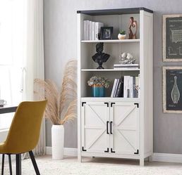70" High Modern Farmhouse Bookcase and Bookshelf, Pantry Storage Cabinet with 2 Doors and 5 Shelves, White