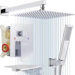 EMBATHER Shower System with Tub Spout, 12 Inches Tub Shower Faucet Set For Bathroom, High Pressure Rain Shower with Handheld Spray, Chrome (Contain Sh
