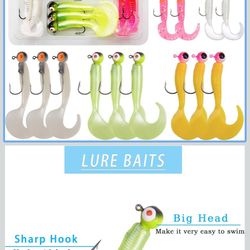 Soft Plastic Fishing Lure Jig Head Hook Kit,Grub Worm Lures Crappie Jigs Head Grub Tail Swimbait Tube Bait Jigs for Saltwater Freshwater, Trout Crappi