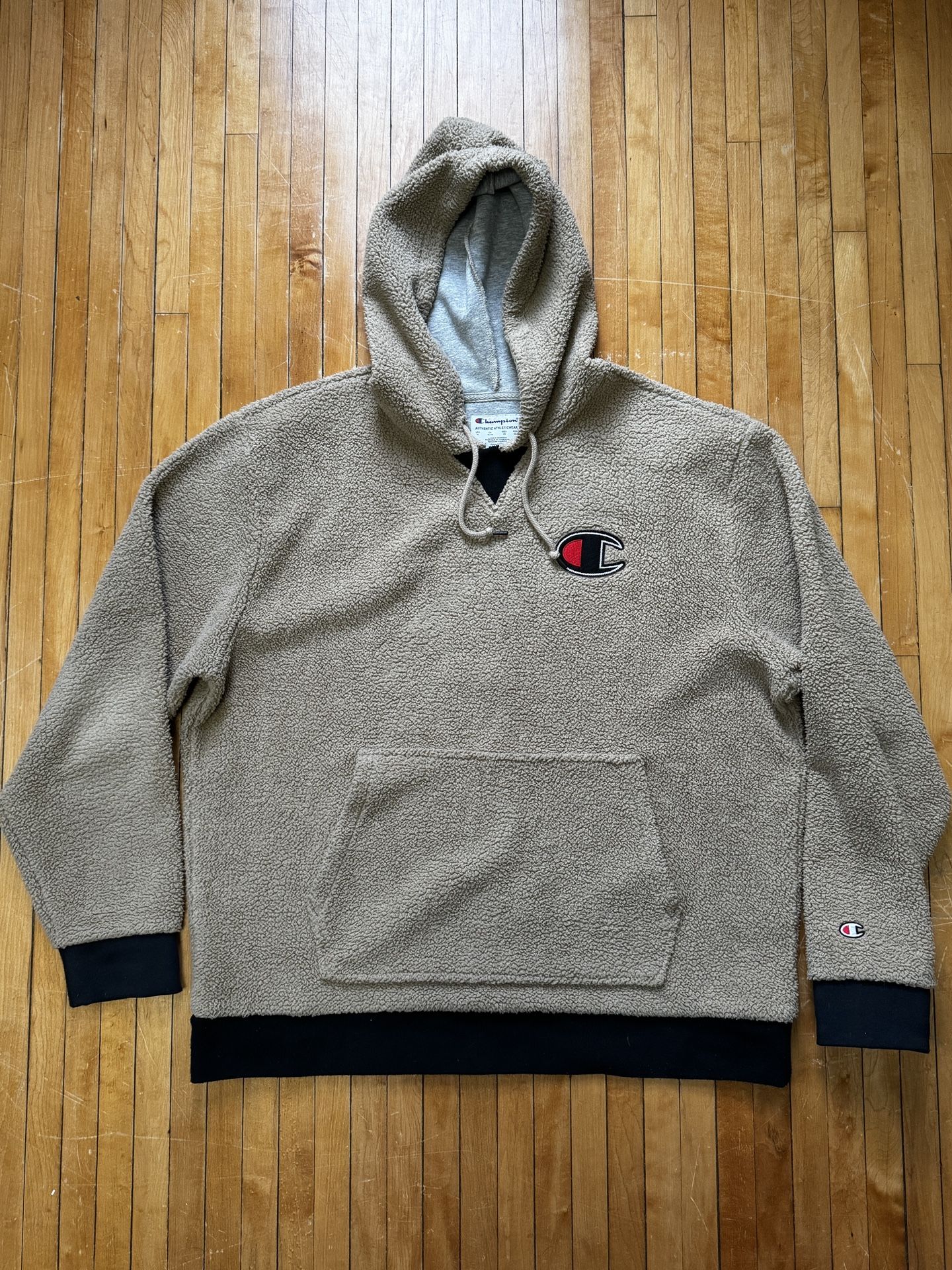 Champion Hoodie Mens Beige Sherpa Fleece Pullover Jacket Sweatshirt Logo Sz. XL