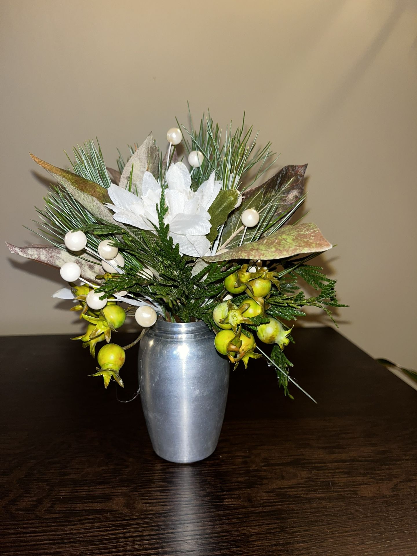 Holiday Christmas Floral Arrangement Fresh Evergreens Silk Vintage Metal Pot