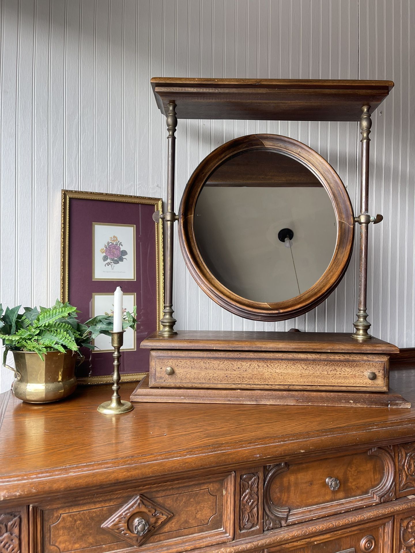 Antique Italian Wooden And Brass Hardware Dresser Top Vanity Swivel Mirror