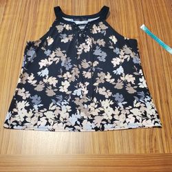 White House Black Market Blouse Jersey Blush Sleeveless Lace Up Halter Floral L