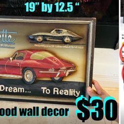 $30 Vintage 3D Solid Wood Corvette Stingray Handcarved Wall Decor 19” by 12.5”