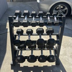 Rubber Hex Dumbbell Set + 3-Tier Rack