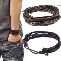 MEN BROWN LEATHER MULTI STRAND WRAP BRACELET TRENDY STYLE !