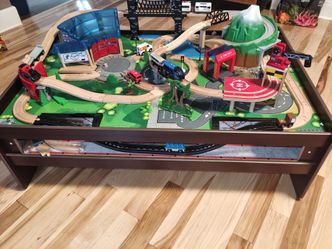 Wooden Train Table with Tracks, Cars & Bridge