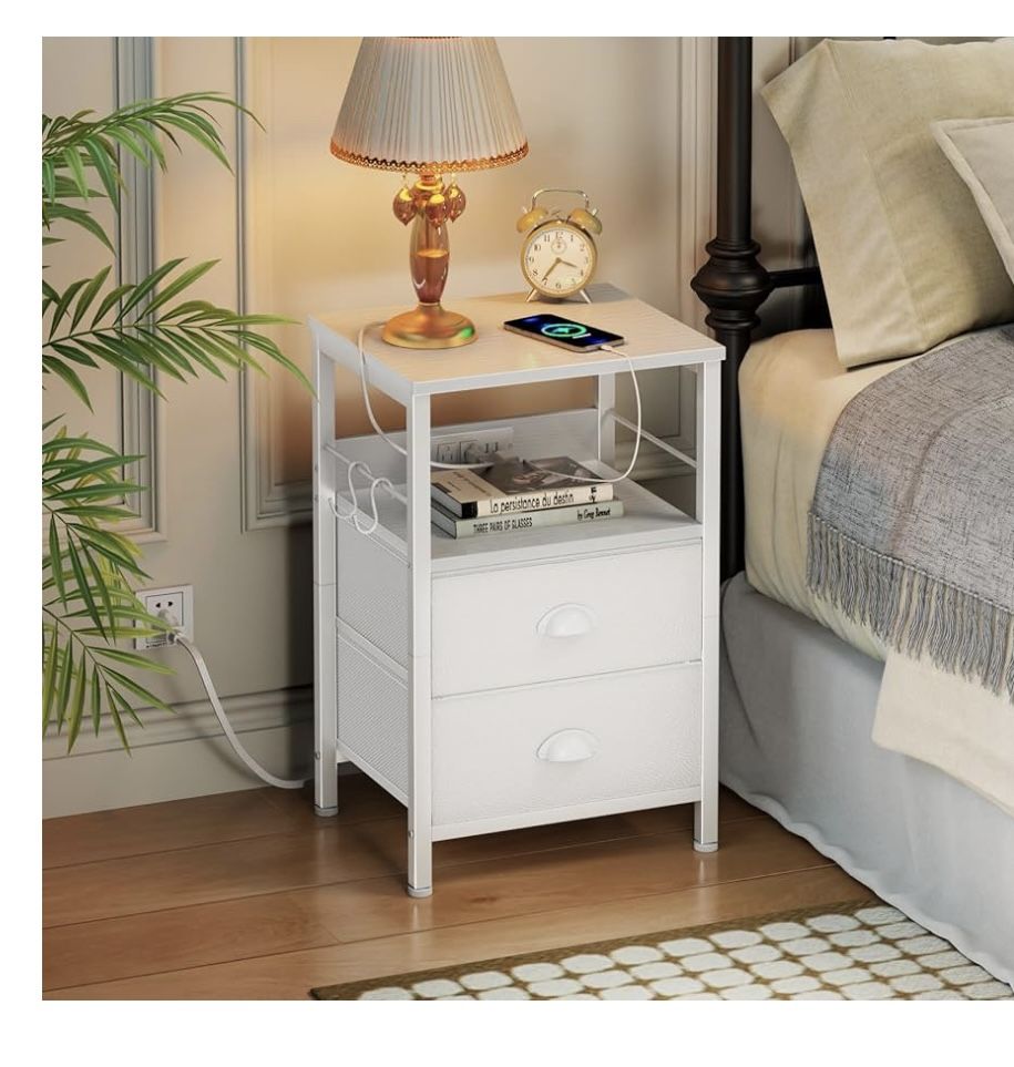 White Nightstand with Fabric Drawers, Side Table with USB Ports & Outlets,