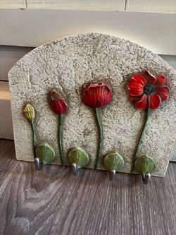 Poppy Flower Wall Key Hook Plaque