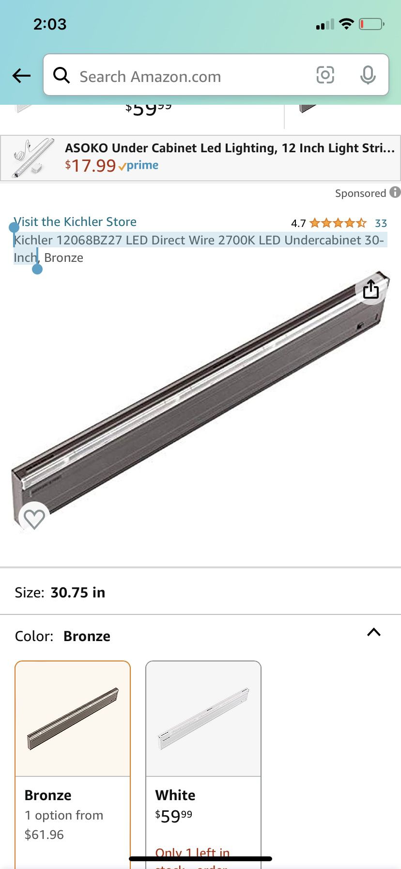 Kichler 12068BZ27 LED Direct Wire 2700K LED Undercabinet 30-Inch for Sale  in Murrieta, CA OfferUp