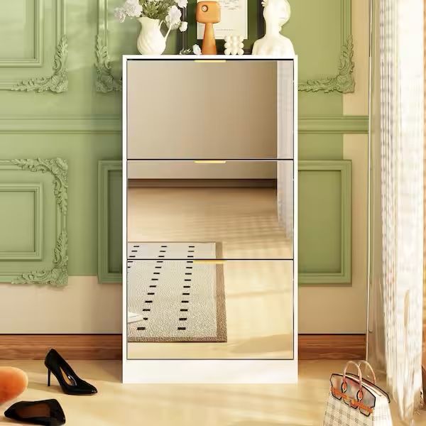 White Wood Shoe Storage Cabinet with 3-Mirrored Drawers Shoe Organizer for Entryway Bedroom Hallway