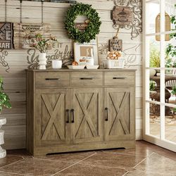 42.5’’ Kitchen Buffet Sideboard Cabinet, 3 Drawers Farmhouse Storage Cabinet with Adjustable Shelf, Rustic Brown