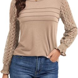Womens Long Sleeve Shirts Crewneck Lace Tunic Tops with Pleated Front Dressy Casual Fit Blouse for Fall