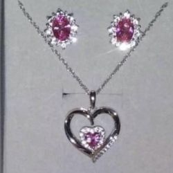Sterling Silver Necklace & Earring Set W/pink Stone & Diamond Accents 