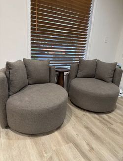 Pair of Round Gray Swivel Round Sherpa Oversized Modern Accent Chairs