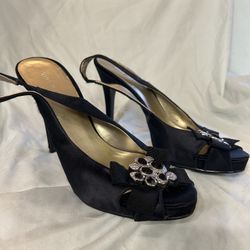Women’s Size 7.5 Slingback Peep Toe Heels With Bejeweled Detail 