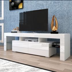 Modern White TV Stand, 20 Colors LED TV Stand w/Remote Control Lights