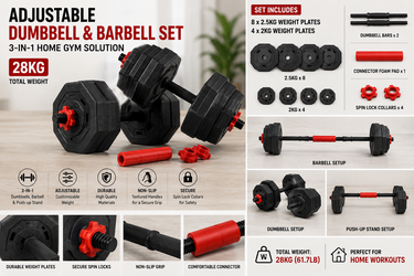 Adjustable Dumbbell & Barbell Set – 28kg (61.7 lb) Total Weight – 3-in-1 Home Gym