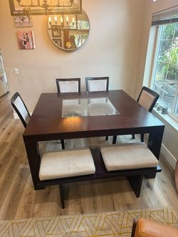 Dark Wood Dining Table Set with Bench and Chairs